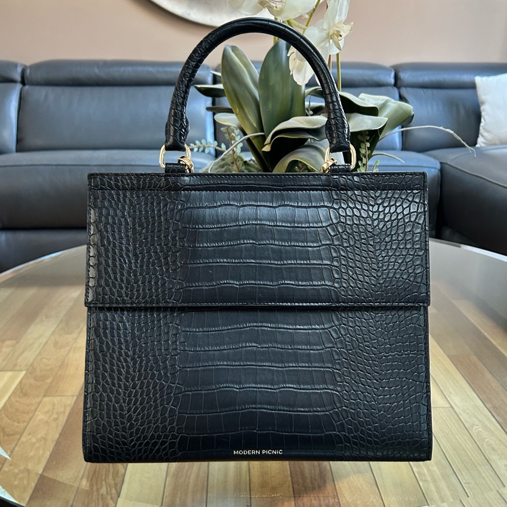 Modern Picnic Black Croc-Embossed Top-Handle Bag